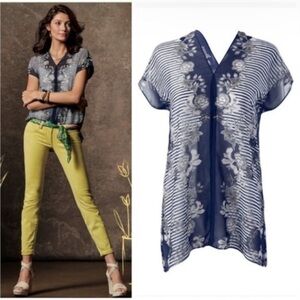 CAbi Oversized Striped Floral Sheer Sleeveless Blouse EUC